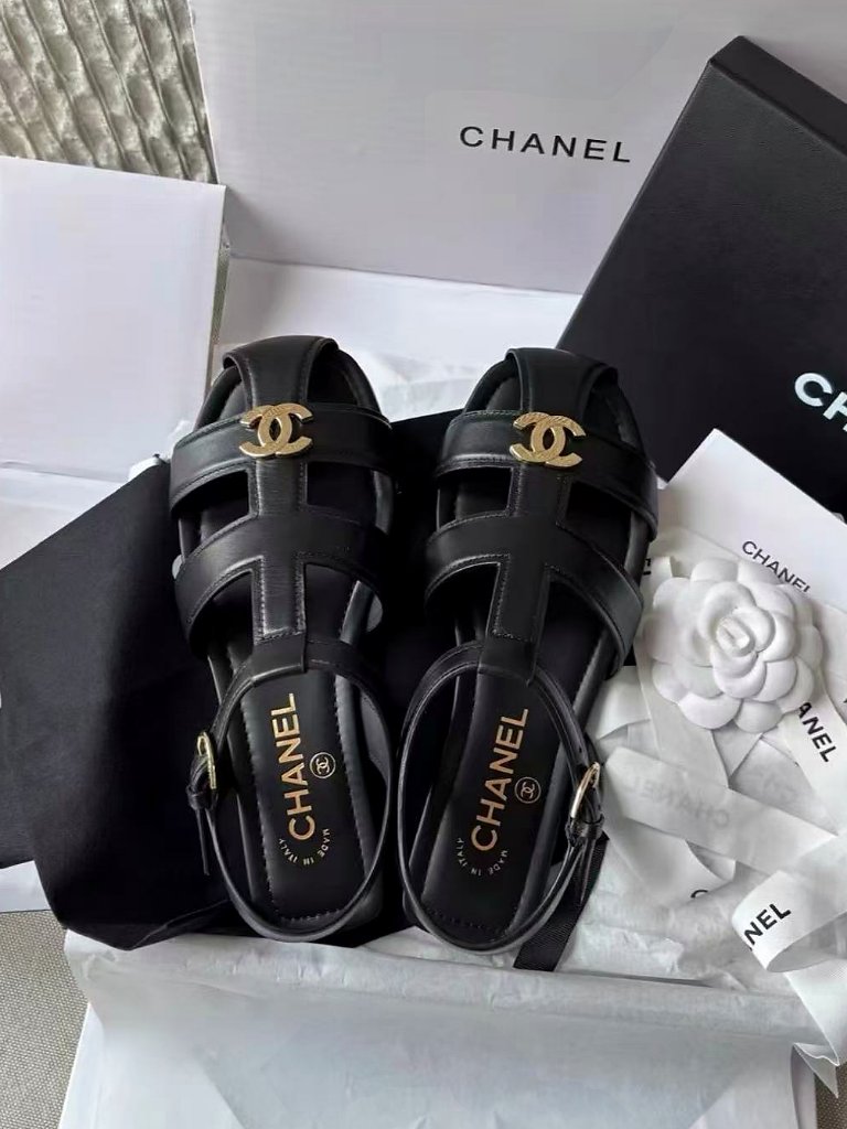 Chanel Closed Toe Cage Ankle Strap Flat Sandals